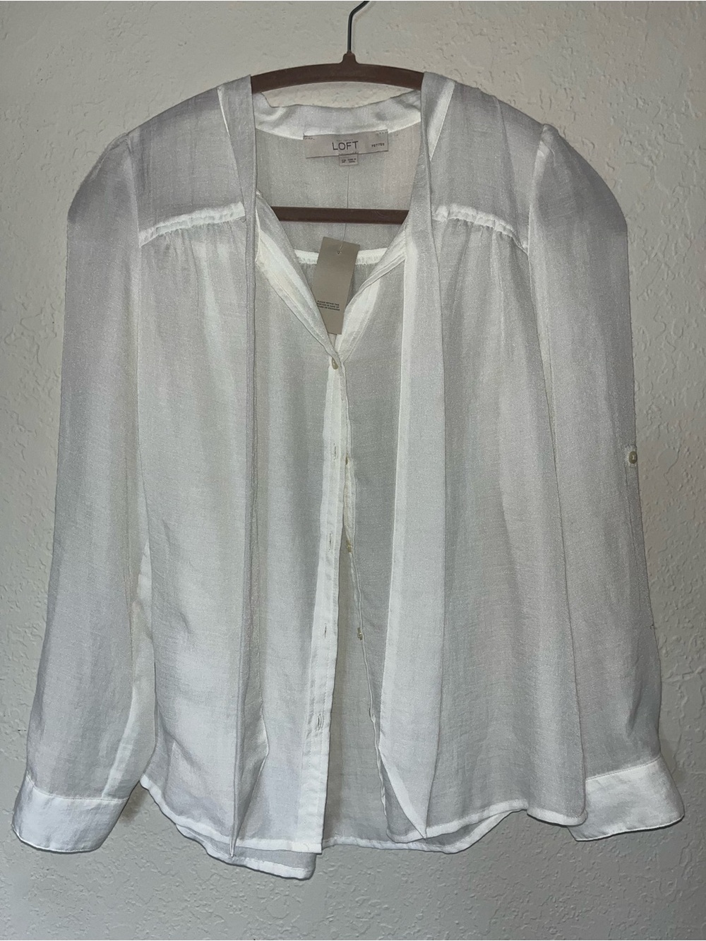 LOFT White Semi-Sheer Tie-Neck Blouse with Button Front